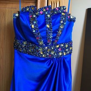 Blue satin gown with multi-colored gems/beading