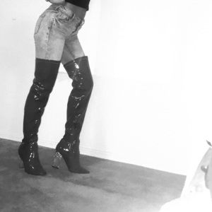Thigh high clear heel boots