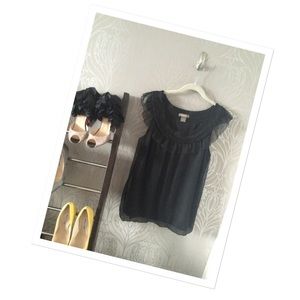 Kenar Sheer Black Chiffon blouse w/ ruffle detail