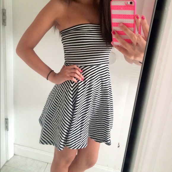 Black striped strapless dress