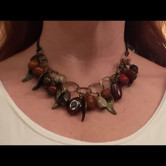 Gold leaf and burgundy stone necklace