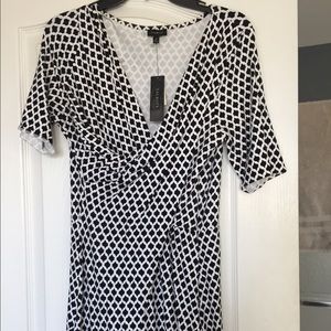 Black and white faux wrap dress