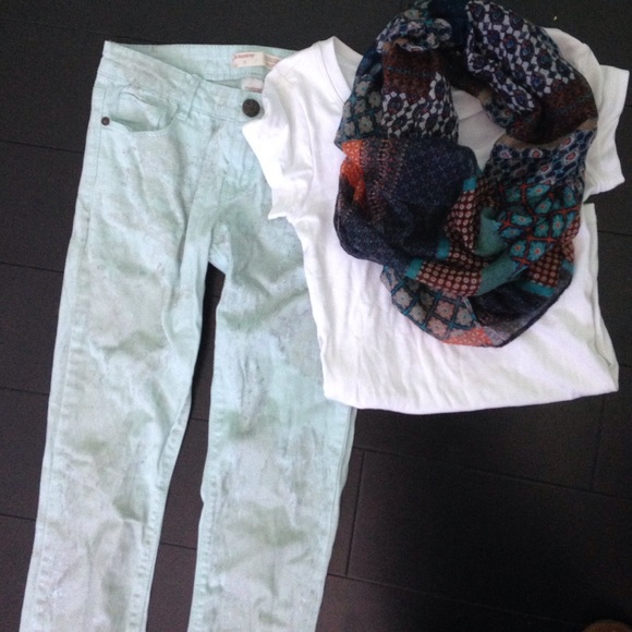Mint skinny jeans with grey/silver splatters