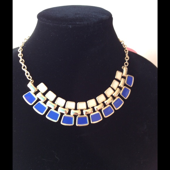 Gold Chain Navy Blue and White Statement Necklace