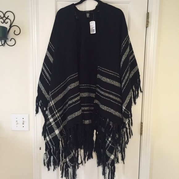 Black and white open front poncho