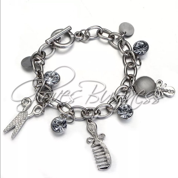 Silver scissors comb mirror rhinestone bracelet