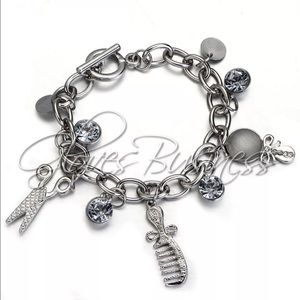 Silver scissors comb mirror rhinestone bracelet