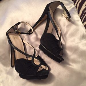 VS Black Suede & Leather Peep Toe Platform Heels