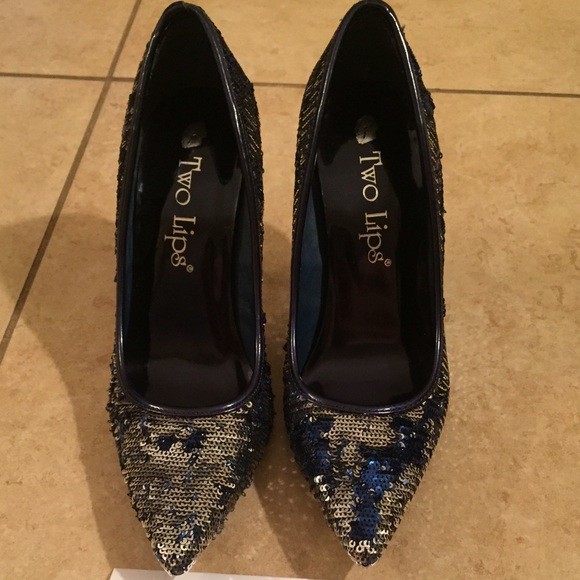blue and silver sequin heels