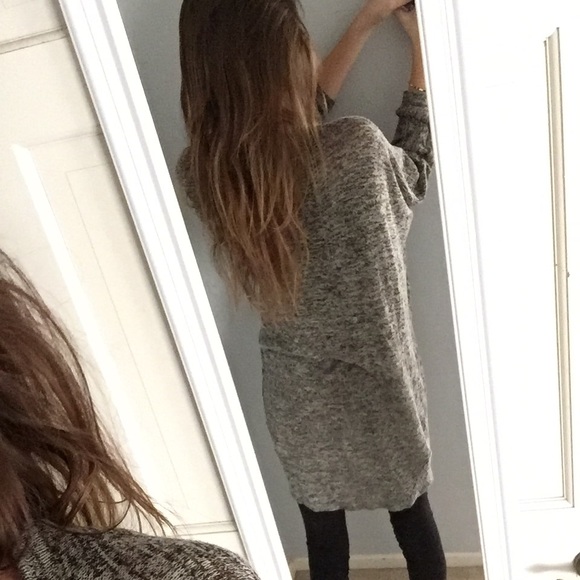 Gray cardigan and blue knot shirt