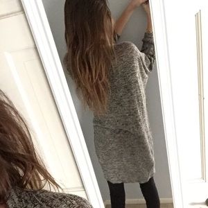 Gray cardigan and blue knot shirt