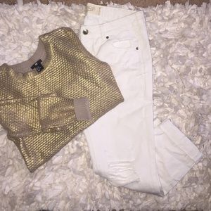 White distressed  denim & gold H&M sweater
