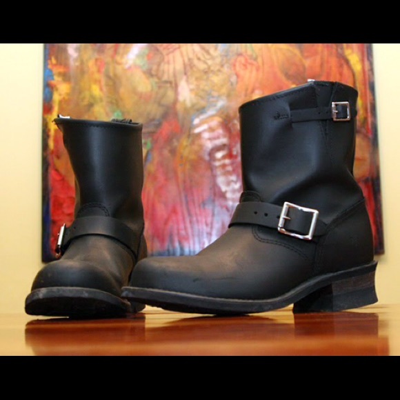 Black leather Frye engineer boots