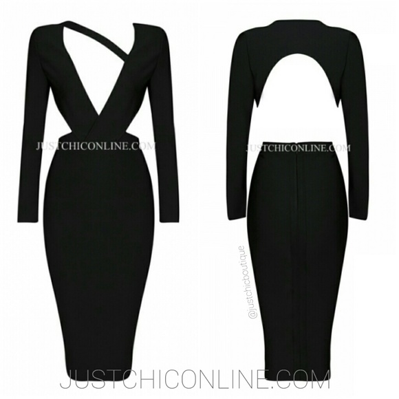 Open Back Long Sleeve Black Bandage Dress