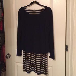 Navy blue and beige striped dress.