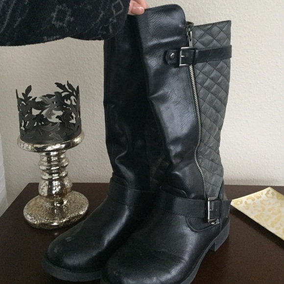 Quilted/leather knee high boots