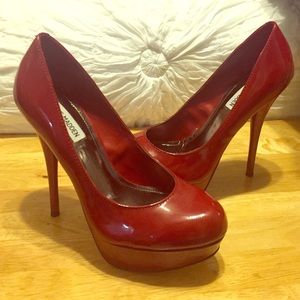 Red patent platform heels