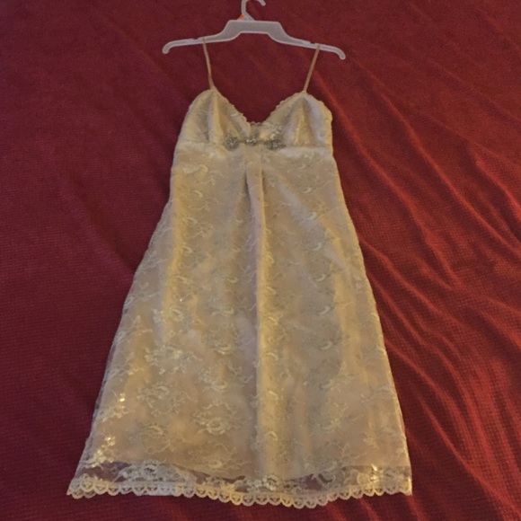 Gold creme & lace mid-length party dress.