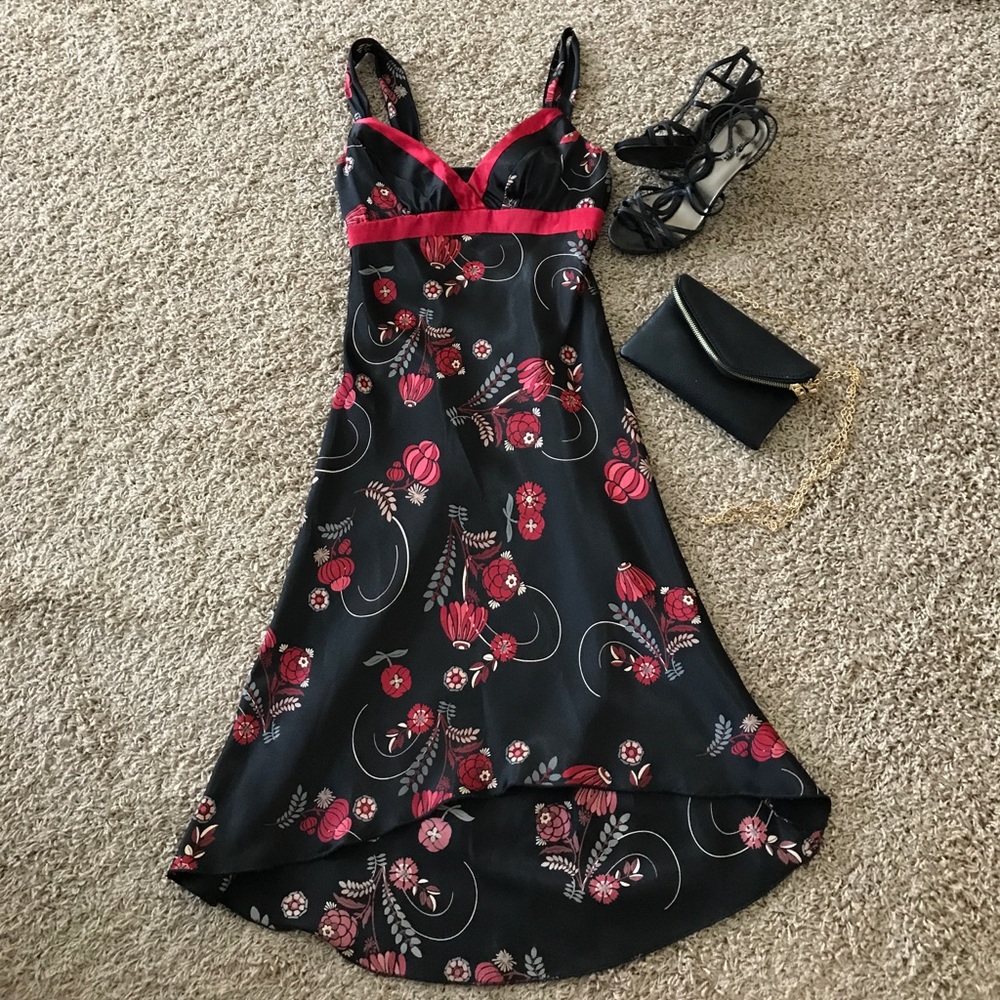 Black floral dress with red/gold detail