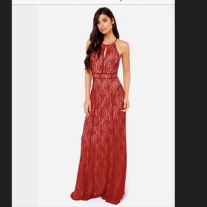 Red Lace Open Back Prom Dress