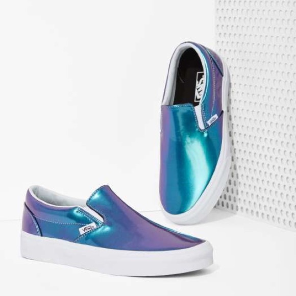 vans classic slip on patent leather blue iridescent