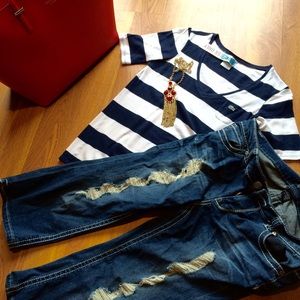 Lacoste V neck dark blue striped sleeveless top