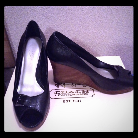 Black Leather peep toe wedges