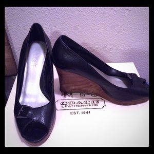 Black Leather peep toe wedges