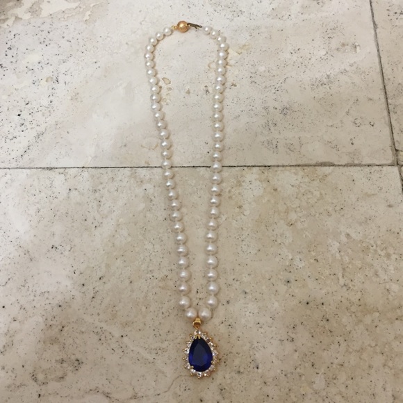 Beautiful pearl, diamond, and blue stone necklace!