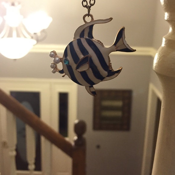 Navy blue and white fish necklace