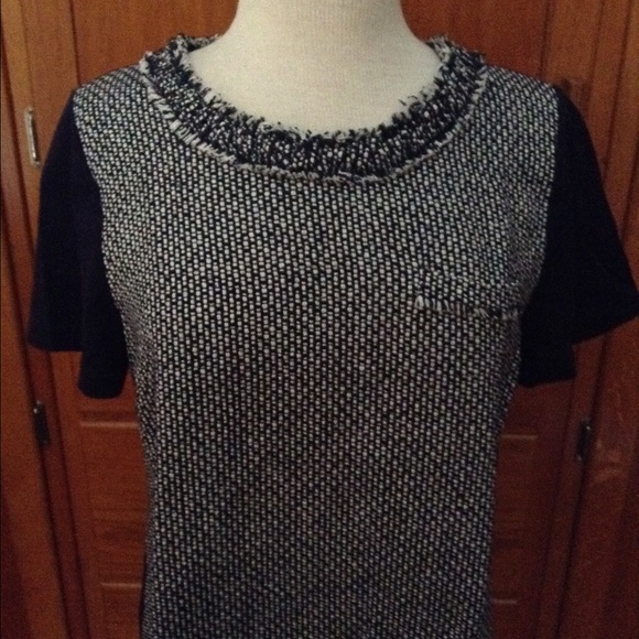 J Crew Navy and White Tweed Front Tee Medium