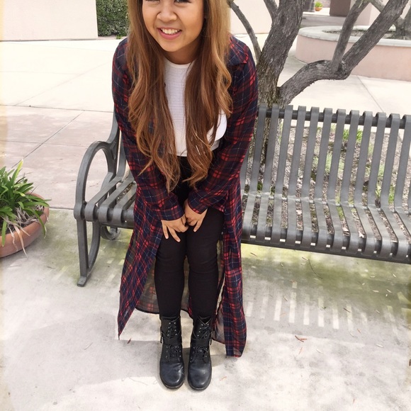 Red&Blue Plaid Pattern Sheer Chiffon Shirt