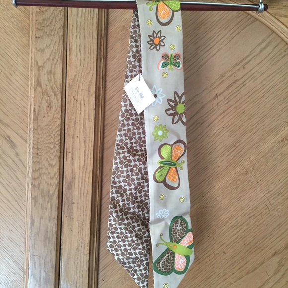 Coach Silk Pony Scarf. Beige w/ orange & green