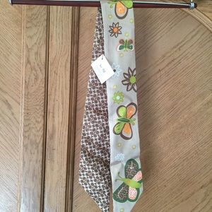 Coach Silk Pony Scarf. Beige w/ orange & green