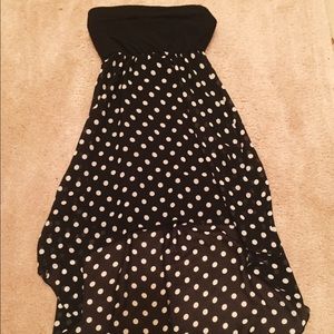 Strapless high-low polka dot dress.