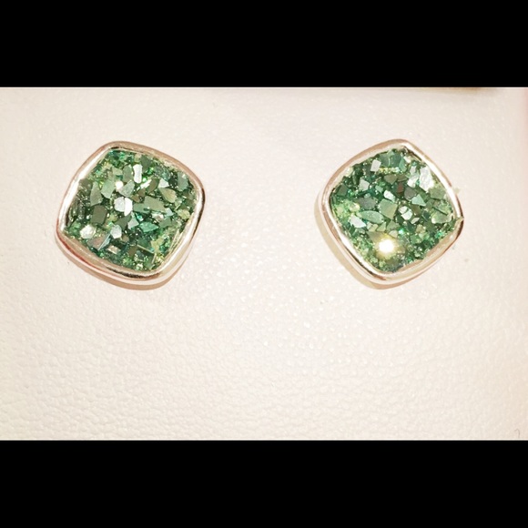 Sterling Silver Green Druzy Square Stud Earrings