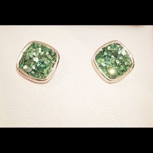 Sterling Silver Green Druzy Square Stud Earrings