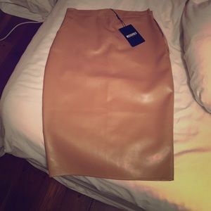 Camel colored faux leather midi skirt
