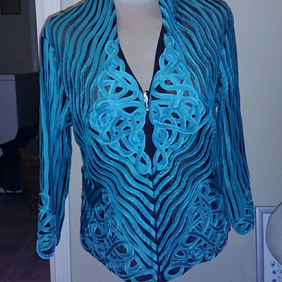 Turquoise and black zip blazer