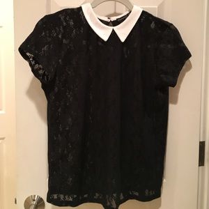 Black lace short sleeve shirt with white collar.