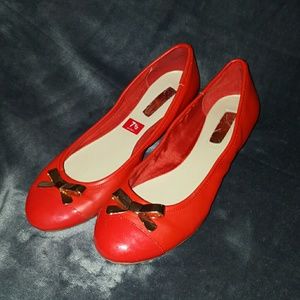 INC Red Ballet Flats with Gold Bow & Patent Toe