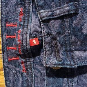 Dark blue, floral background, straight leg jeans