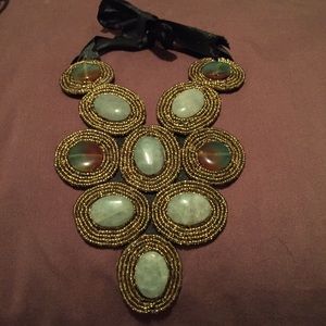 Crystal/Glass bib necklace with ribbon tie