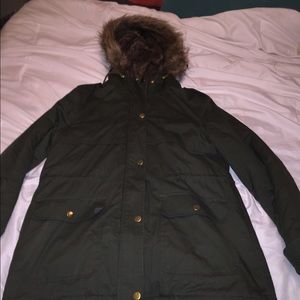 Army green coat with faux fur hood
