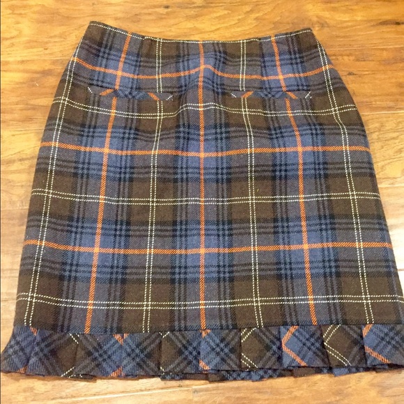 Cabi Navy, Orange, Brown & Ivory Plaid Wool Skirt