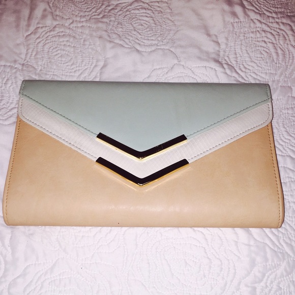 Tan and mint envelope clutch with gold chain
