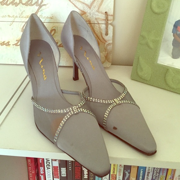 4 inch silver sateen heels by Nina with rhinestone