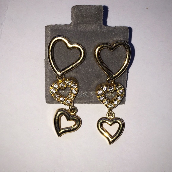 GIFTED Gold Sterling CZ Dangle Heart  Earrings - Picture 2 of 4