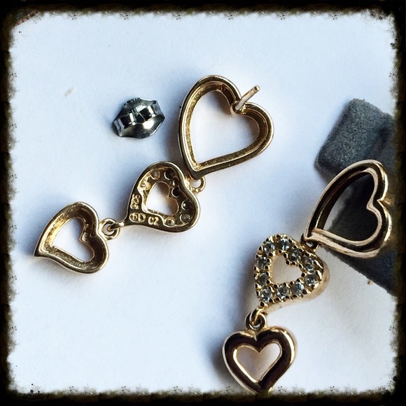 GIFTED Gold Sterling CZ Dangle Heart  Earrings - Picture 3 of 4