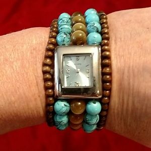 TURQUOISE AND BROWN BEADED WATCH